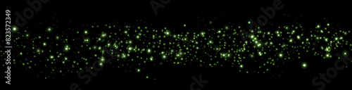 Green glittering dots, particles, stars magic sparks. Dust cloud flare light effect. Green luminous points with smoke. Vector particles on transparent background.