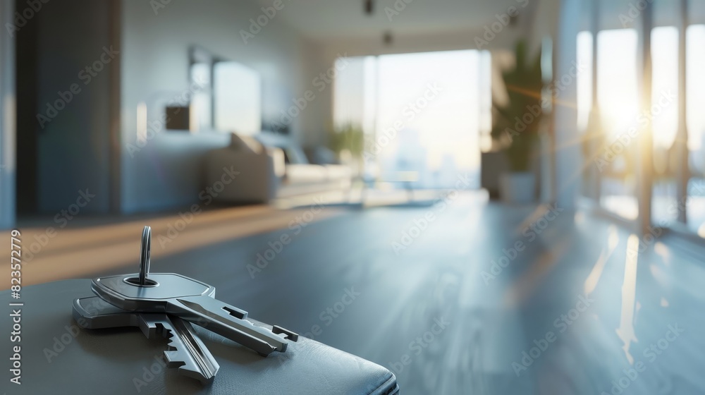 A set of keys on a table with a blurred background of a modern home interior with a large window. A set of keys on a table with a blurred background of a modern home interior with a large window.