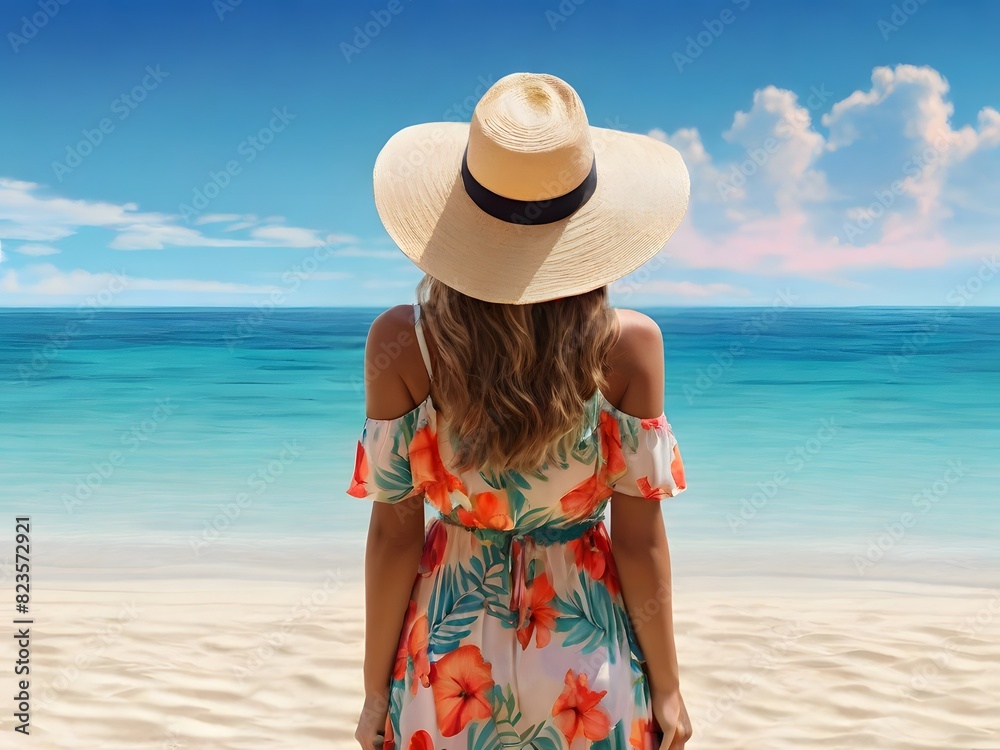 A sunny holiday destination The back of a young tourist woman in a summer dress and hat standing on a beautiful sandy beach in the tropical sea. A sunny holiday destination The back of a young tourist woman in a summer dress and hat standing on a beautiful sandy beach in the tropical sea.