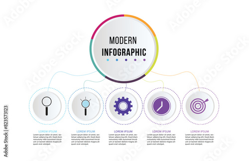 Business infographic thin line process with square template design. Timeline processes with 5 options, steps or parts.