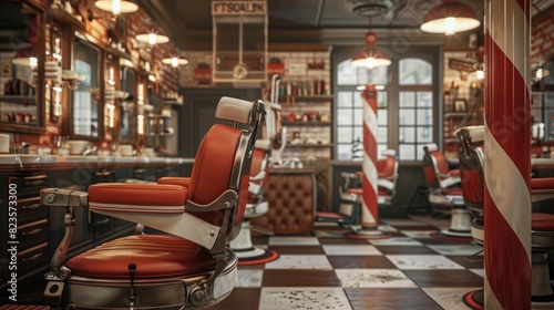 A retro-style barber shop with red and white barber poles, leather chairs, and the smell of shaving cream. © Haseeb