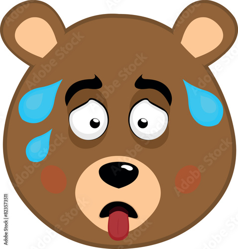 vector illustration face brown bear grizzly cartoon, with his tongue out and drops of sweat on his head