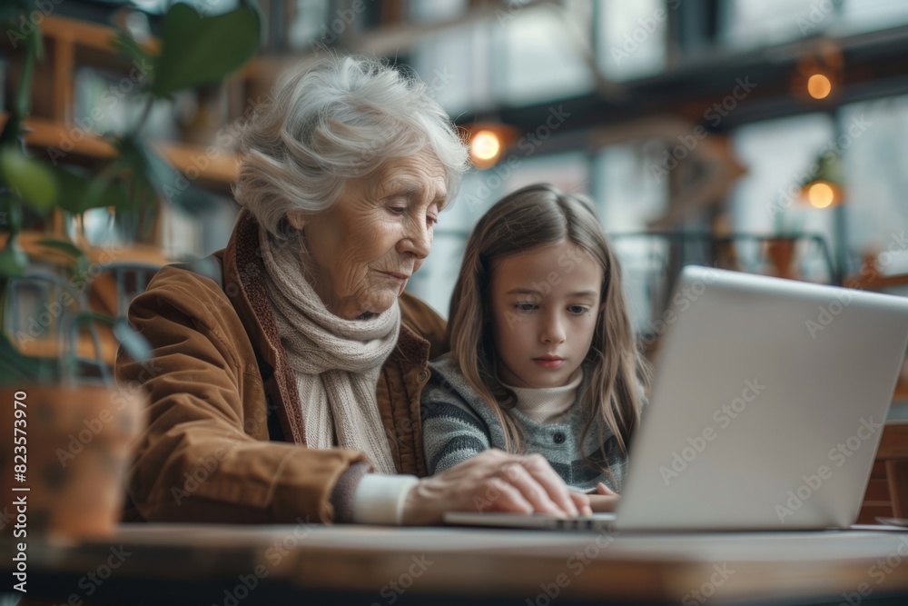 Senior elderly woman with granddaughter working on laptop in office Senior elderly woman with granddaughter working on laptop in office