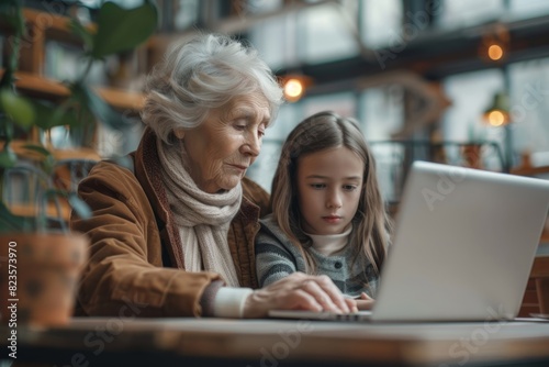 Senior elderly woman with granddaughter working on laptop in office