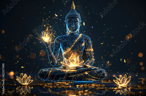 A glowing lotus flower surrounded by golden leaves, the Buddha sits crosslegged holding his chest with both hands and meditates on top of rocks photo