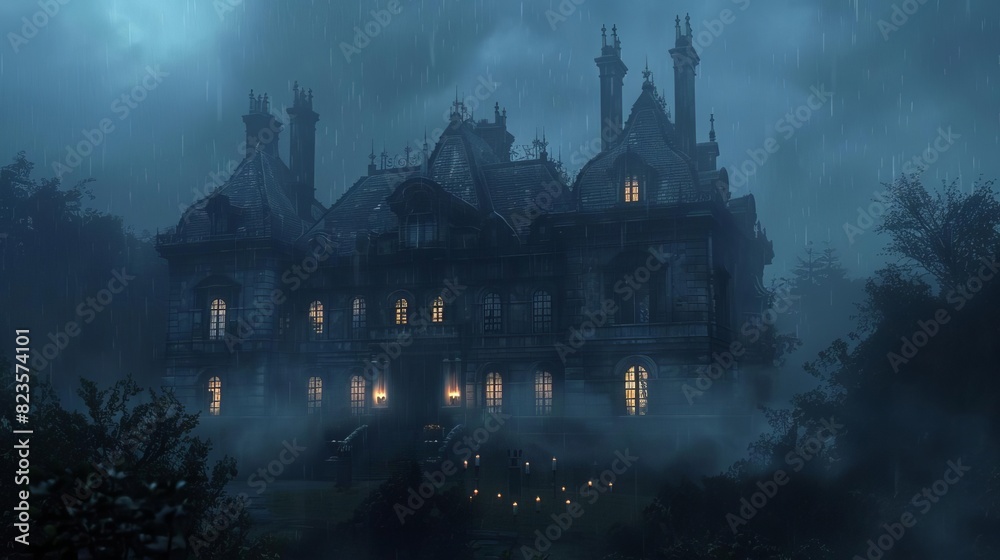 Depict an eerie Gothic mansion on a stormy night, with flickering candlelight in the windows and a dense fog surrounding it, Close up Depict an eerie Gothic mansion on a stormy night, with flickering candlelight in the windows and a dense fog surrounding it, Close up