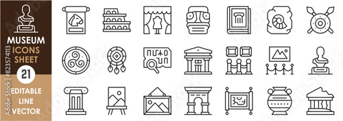 A set of line icons related to museum. Ancient items, shield, paper, statue, images and so on. Vector outline icons set.