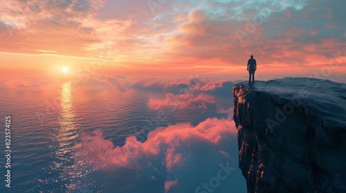 A striking 3D CG rendering, a rear view of a person standing on a cliff edge, overlooking a vast ocean at sunset, Don't Forget written in the clouds