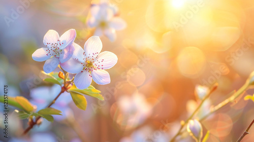 Spring two blooming forest flowers in soft focus morni