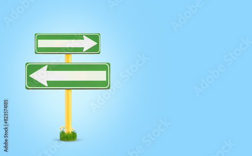 Foto Green direction road sign with arrows on blue background