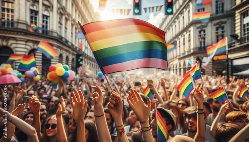 CSD-Pride Parade mit erhobenen Händen und Regenbogenfahne, LGBT photo