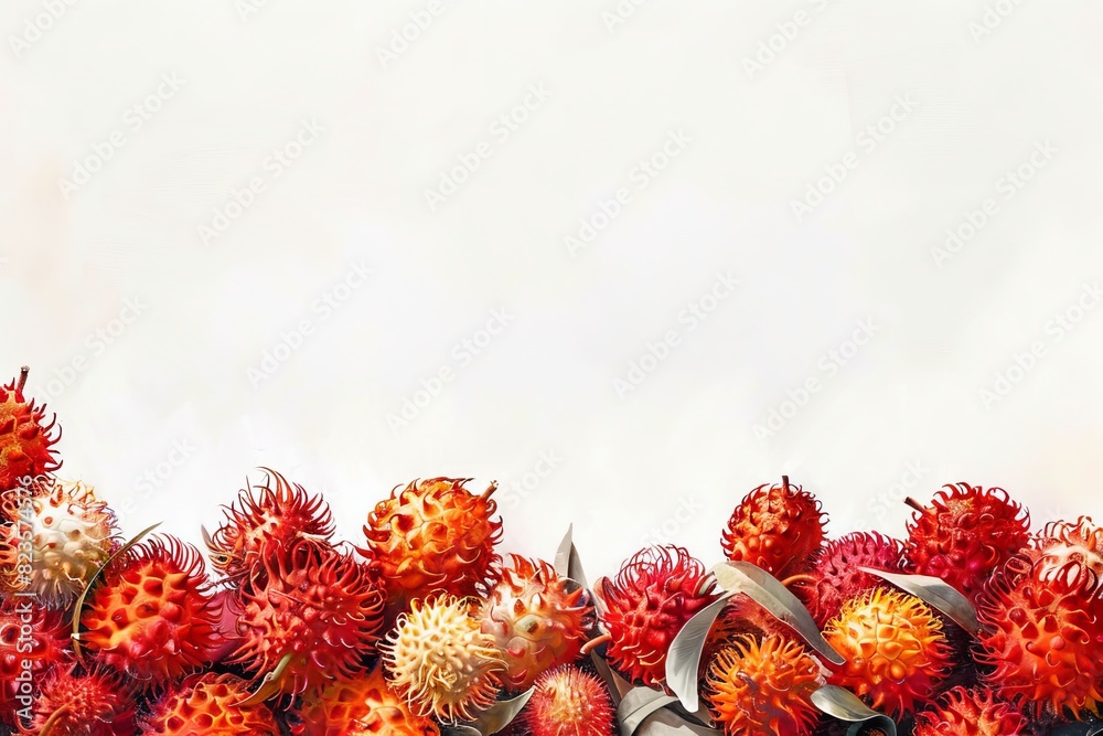 Fototapeta premium An oil painting-style panoramic illustration of fresh, spiky rambutan fruits, spread out against a stark white background