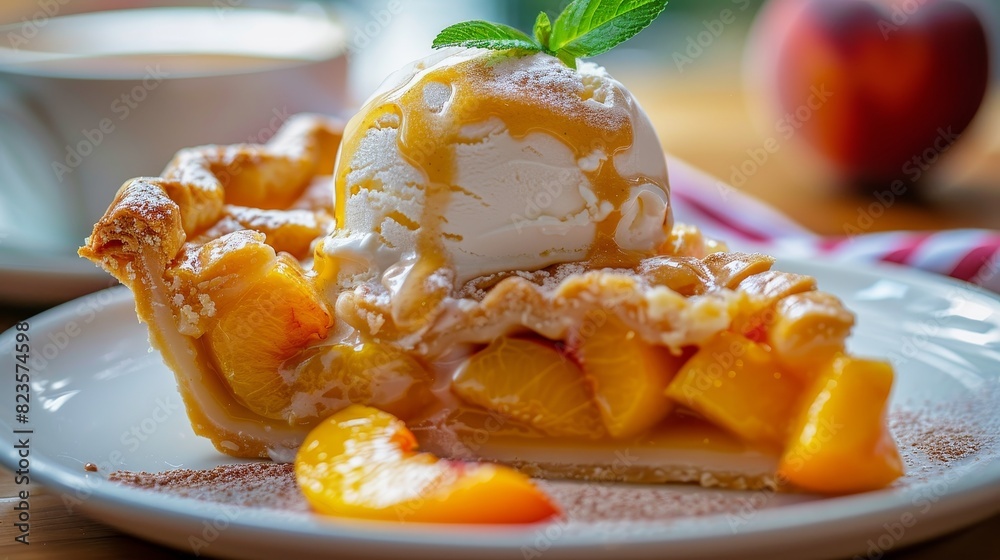 Close up, peach pie slice with melting vanilla ice cream, patriotic festival decorations