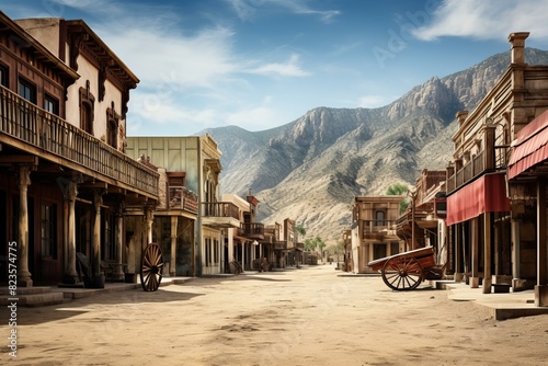 Sunny view of a deserted street lined with classic western-style facades and wooden carts photo