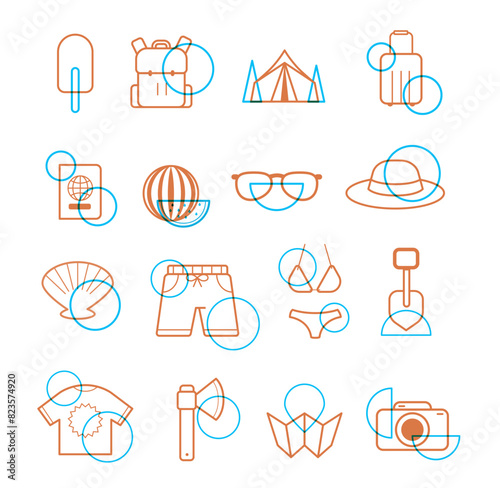 Line simple overlay brown and blue travel icon set. Vector camping symbols