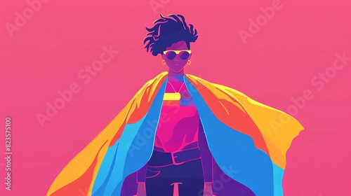 An illustration of a 2D flat style character representing bisexual pride, with a flag draped around their shoulders. The character stands against a clean background, highlighting the pride colors. photo