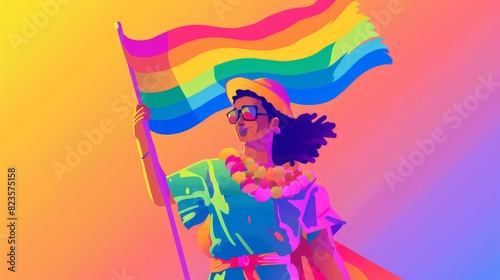 A 2D flat style character at a pride event, dressed in colorful attire and holding a pride flag. The background is a subtle gradient, allowing the vibrant colors to stand out.