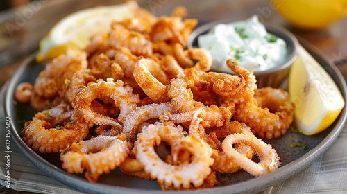 A plate of crispy and tender calamari, dusted with seasoned flour and fried until golden brown, served with lemon wedges and a side of tzatziki sauce for dipping.