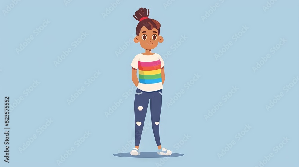 A 2D flat style character with a rainbow-themed T-shirt, symbolizing pride and support for the LGBTQ+ community. The background is minimalistic, emphasizing the character's confident stance.