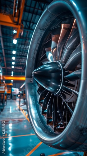Close-up view of a jet engine in a manufacturing facility, showcasing intricate details and modern engineering in an industrial environment.