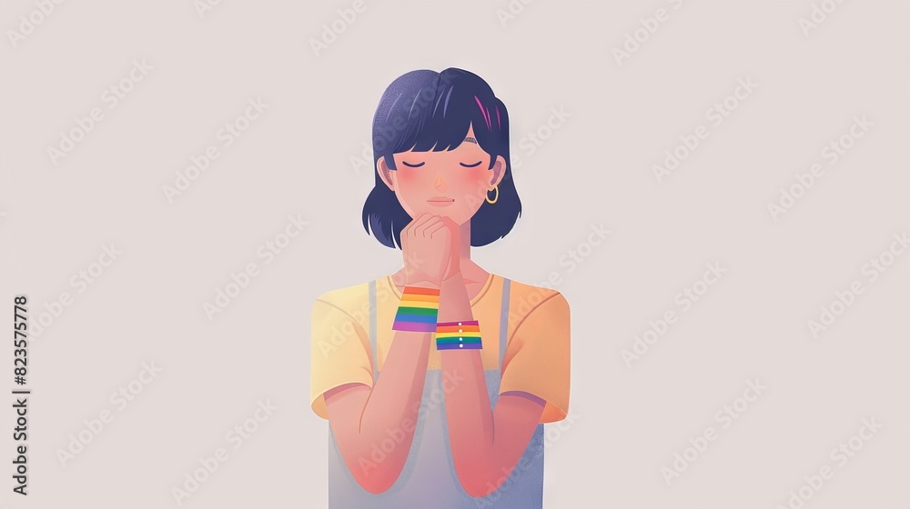An illustration of a 2D flat style character with a rainbow bracelet, celebrating pride and diversity. The background is minimalistic, drawing attention to the character and the bracelet. An illustration of a 2D flat style character with a rainbow bracelet, celebrating pride and diversity. The background is minimalistic, drawing attention to the character and the bracelet.