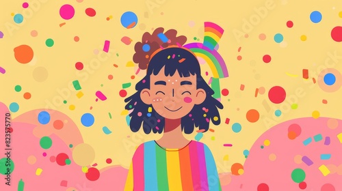 A 2D flat style character at a pride awareness event, wearing a rainbow-themed outfit. The background is clean and simple, focusing on the character's joyful expression.