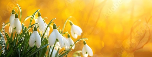 Blooming white snowdrops at sunset or dawn. Copy space for text photo