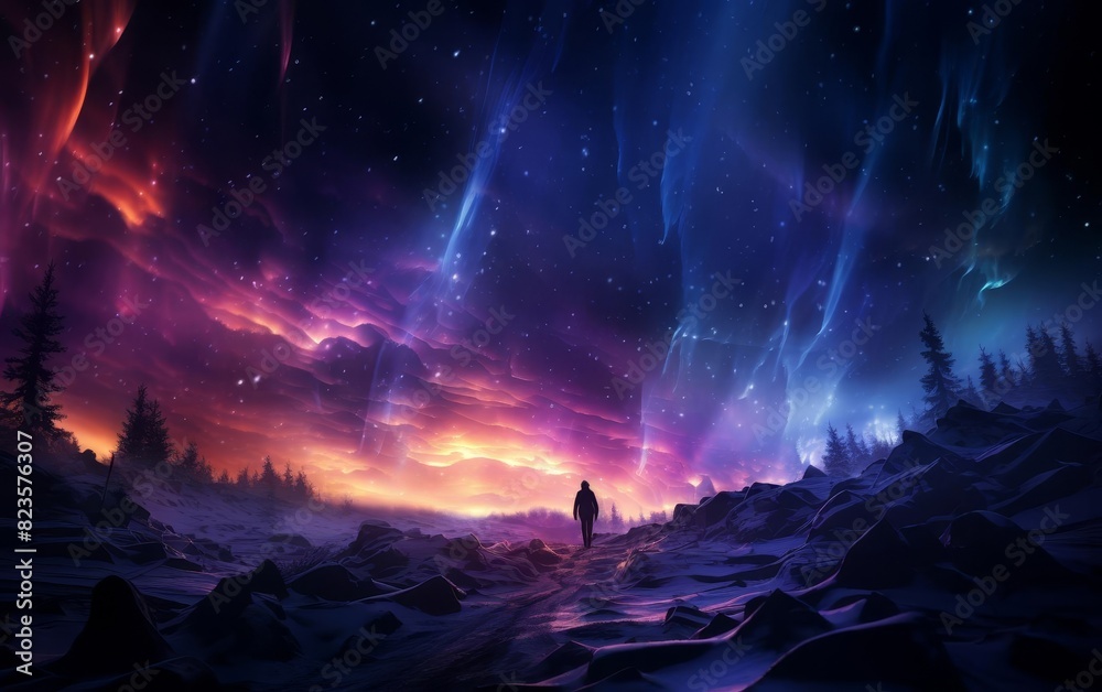 Fototapeta premium Silhouette of a person under a vibrant, colorful night sky with northern lights, in a mystical forest landscape.
