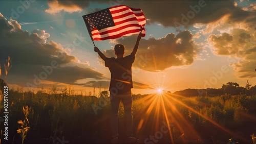 Young man holding America flag on sunset. Ai Footage.