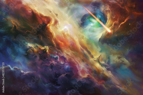 Colorful cosmic nebula with shooting star