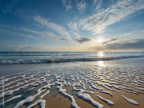 Serene beach scene during sunrise  sunset. Sun low on horizon casting warm glow over clouds  reflecting off gentle waves. Sky partly cloudy  allowing for rays of sunlight to peek through.