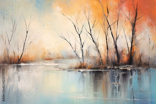 Digital artwork of a tranquil lake with bare trees and autumn foliage