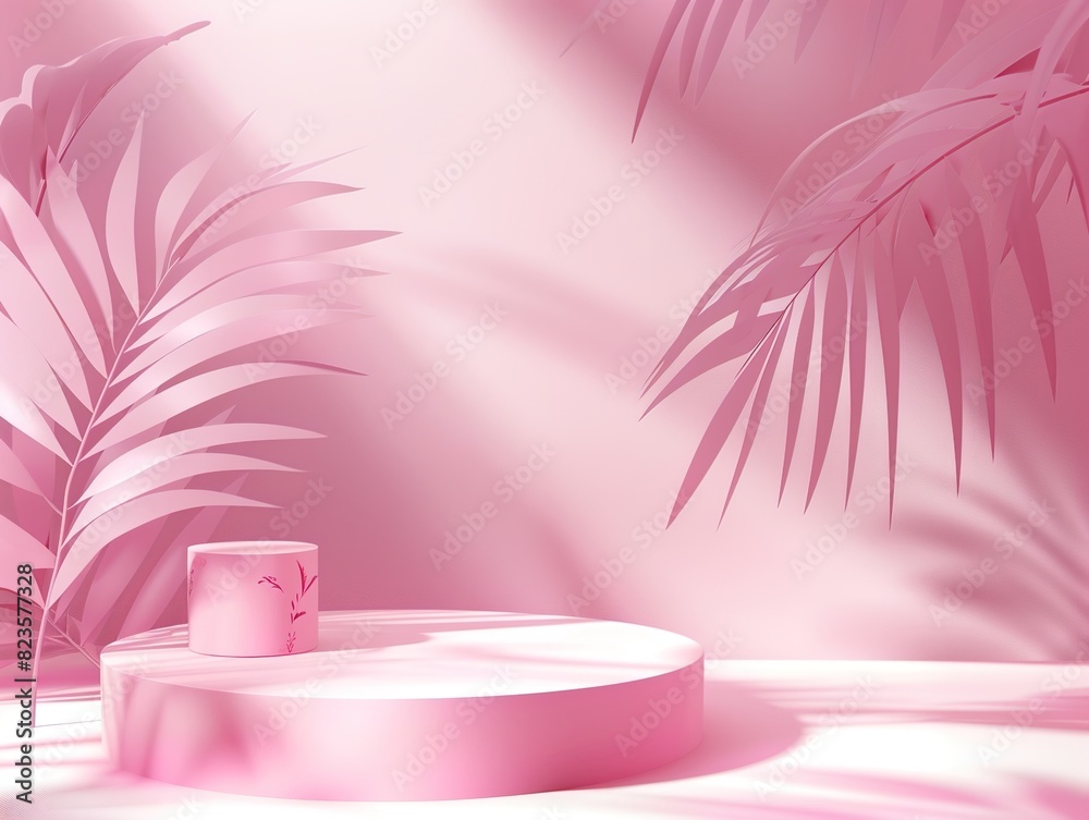 Elegant pink background with palm leaves and shadows, perfect for product presentation in a studio setting. Soft pastel gradient conveys luxury and modernity, Elegant pink background with palm leaves and shadows, perfect for product presentation in a studio setting. Soft pastel gradient conveys luxury and modernity,
