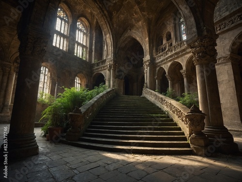 Sunlight streams through tall, arched windows into expansive, dilapidated interior of grand, old building with gothic architectural elements. Wide staircase, with moss, plants growing on, around it.