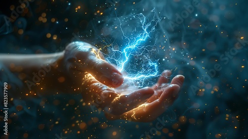 Hand holding lightning thunder Energy and power. Stormy background.