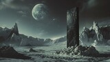 A large, dark monolith stands in the center of a rocky, alien landscape. There is a large moon in the sky.

