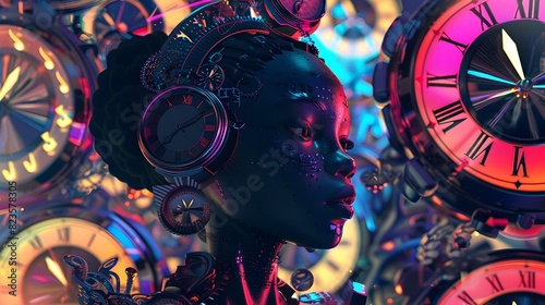 Futuristic African Princess Amidst Clocks: A Timeless Vision of Innovation and Culture photo