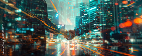 handshake between two business professionals  representing successful deals  mergers  and acquisitions  set against a backdrop of a modern cityscape with dynamic light effects