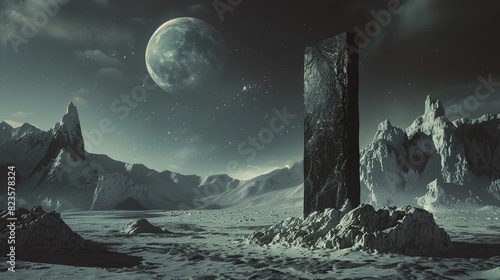 A large, dark monolith stands in the center of a rocky, alien landscape. There is a large moon in the sky.

 photo