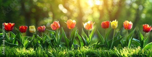 Blooming tulips flowers in green grass. Horizontal banner #823578571