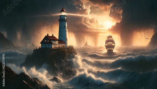 Lighthouse on a rocky cliff during a stormy sea with a ship sailing through the rough waters at sunset.