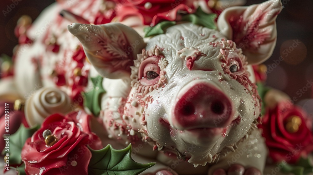 Intricately designed Christmas cake in the form of a pig, captured in close-up, studio lighting enhancing festive details for holiday ads