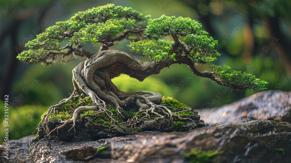 Majestic bonsai tree growing on a rock, viewed from beneath, close-up capturing details of roots and foliage, natural lighting Majestic bonsai tree growing on a rock, viewed from beneath, close-up capturing details of roots and foliage, natural lighting