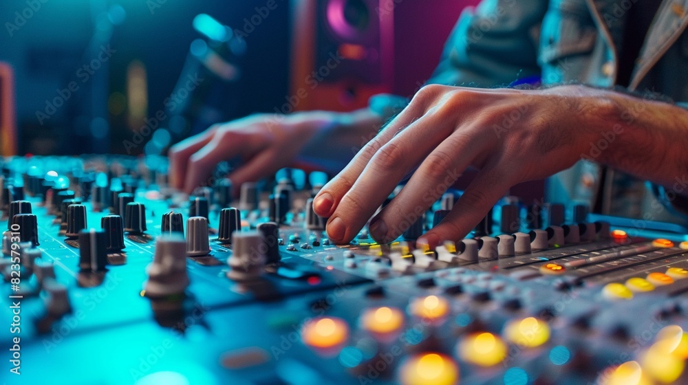 Music producer at a mixing desk in a sound recording studio, close-up shot, hands on controls, dynamic studio environment with professional lighting Music producer at a mixing desk in a sound recording studio, close-up shot, hands on controls, dynamic studio environment with professional lighting
