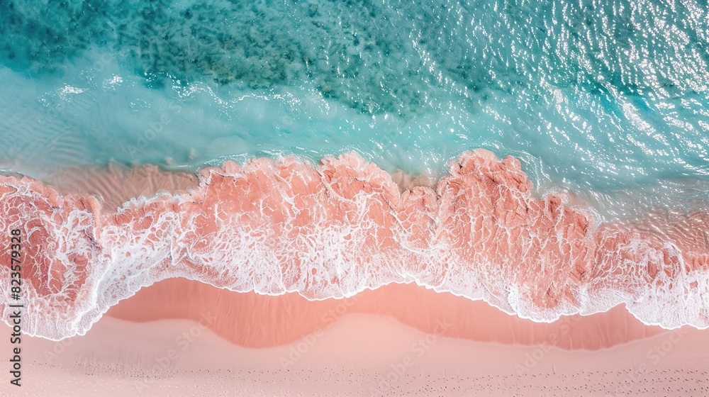 A beach with pink sand and turquoise water. The waves are gently crashing on the shore.