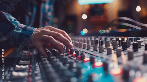 Music producer working at a mixing desk, close-up shot in a sound recording studio, capturing the intricate details and professional setup