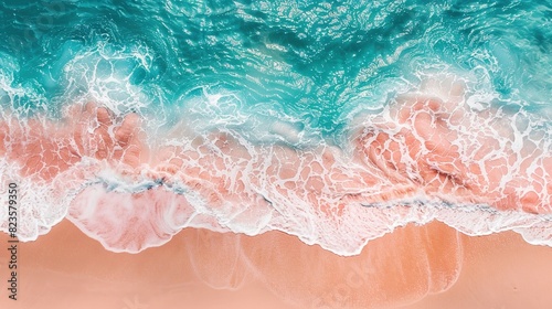 A beach with pink sand and turquoise water. The waves are gently crashing on the shore.