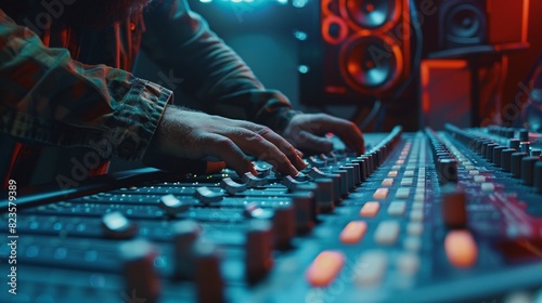 Music producer working at a mixing desk, close-up shot in a sound recording studio, capturing the intricate details and professional setup