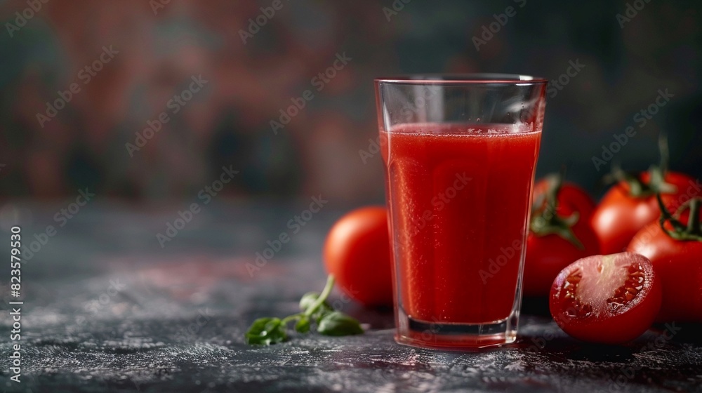 Healthy red tomato puree juice in a glass, close-up, vivid and fresh, isolated background with studio lighting, ideal for advertising health drinks