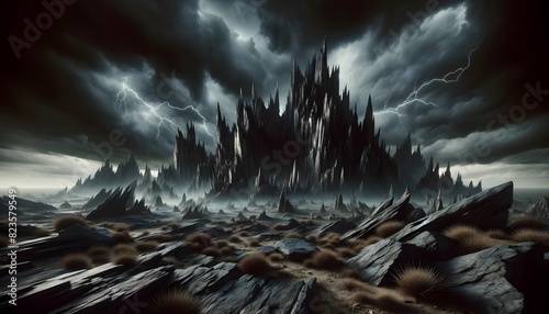 A dark and ominous mountain landscape with jagged cliffs and dramatic lightning in the background. The foreboding atmosphere is enhanced by the stormy sky and eerie rock formations. photo